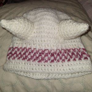 Stuffed Horn Crochet Beanie White with Pink Accent